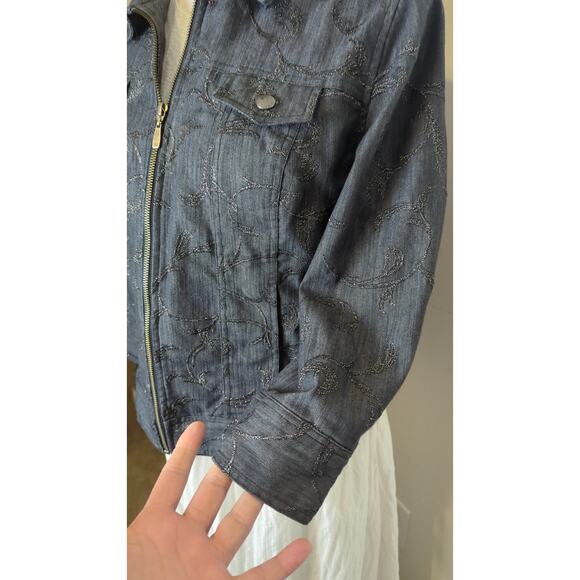 Boho Chic Dark Zip Up Denim Jacket Whimsical Embroidered Embellishment Size 12 - Picture 6 of 9